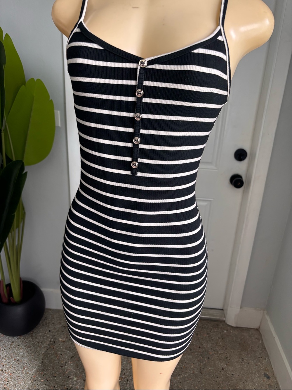 Slim Fit Black and White Striped Mini Dress with Button Front